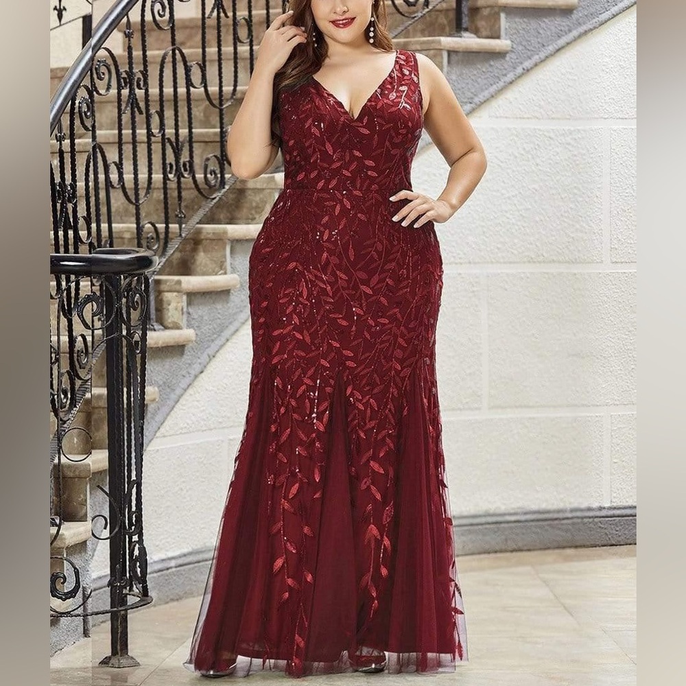 Ever Pretty Burgundy Red Embroidered Sequin Formal Mermaid Maxi Dress